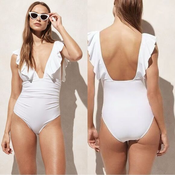 NWT J CREW Ruched ruffle one-piece swimsuit in white - Picture 1 of 7